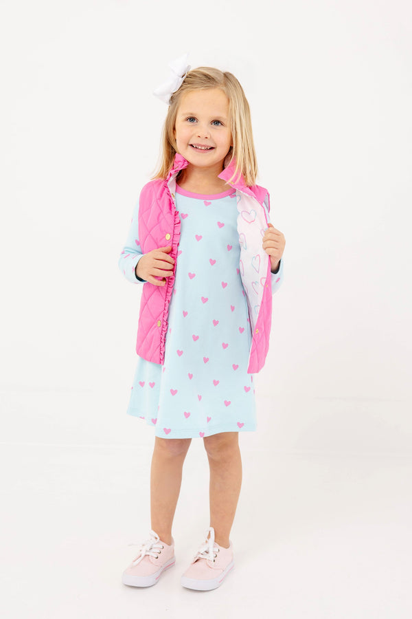Long Sleeve Polly Play Dress - Heart Eyes (Belhaven Blue) with Winter Park Pink
