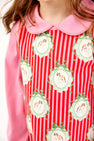 Annie Apron Dress - Distinguished Doggies with Hamptons Hot Pink: a pink dress with a red and white striped apron featuring a Distinguished Doggies print of dogs inside green scalloped frames.