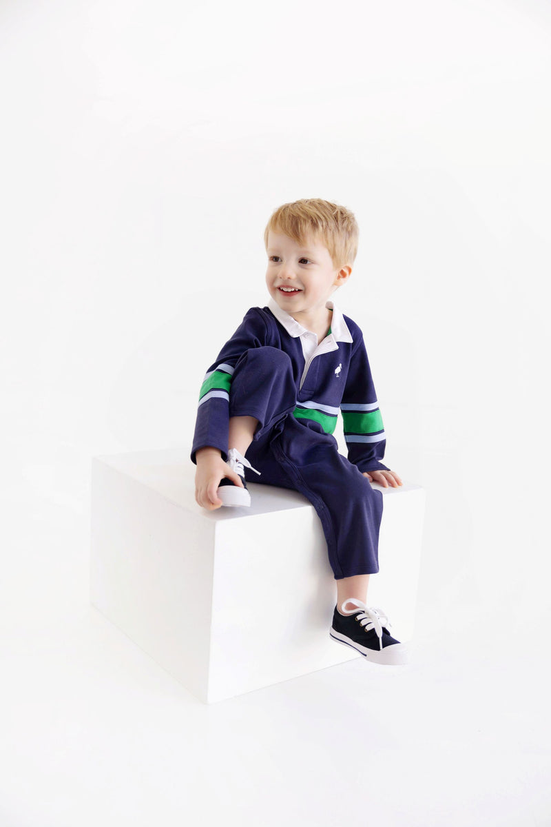 Sir Proper's Rugby Romper - Nantucket Navy with Beale Street Blue & Kiawah Kelly Green Stripe