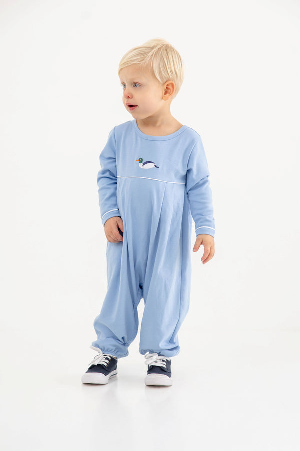 Long Sleeve Bradford Romper - Sarasota Sky & Worth Avenue White with Duck Embroidery