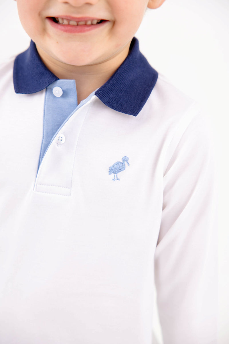 Long Sleeve Prim & Proper Polo & Onesie - Worth Avenue White with Nantucket Navy & Barrington Blue