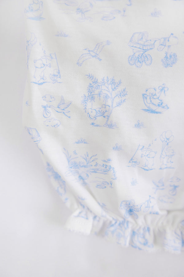 Experience the charm of The Beaufort Bonnet Company’s Sir Proper’s Sweet Arrival (Beale Street Blue) Bundle, featuring white fabric adorned with light blue illustrations of animals riding bikes, flying with balloons, and playing near trees and water. This adorable everyday set includes a layette gown with a ruffled edge at the bottom—making it a delightful baby shower gift. The bundle also comes complete with the lovable Bradley Bear for an extra special touch.