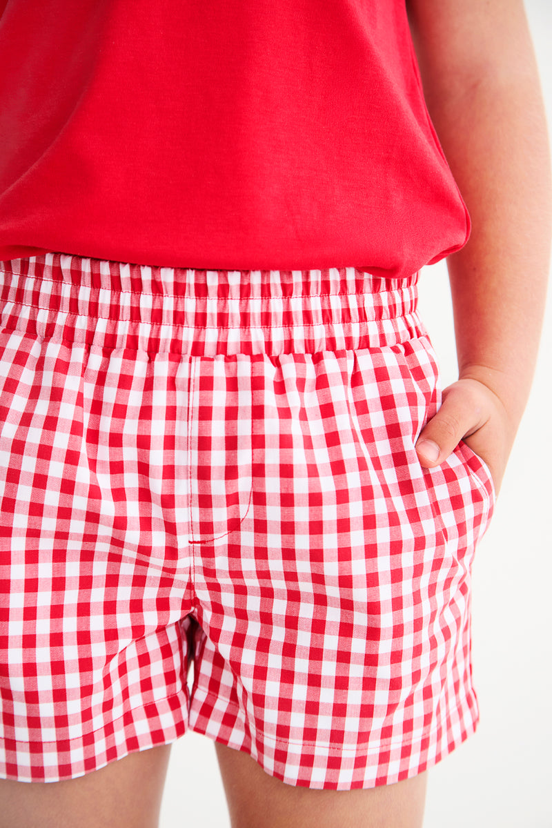 Sheffield Shorts - Richmond Red Gingham with Belhaven Blue Stork