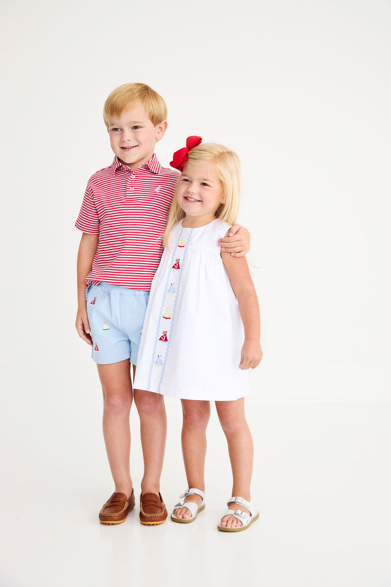 Prim & Proper Polo & Onesie - Sumner County Stripe (Richmond Red) with Beale Street Blue Stork