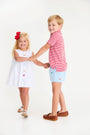 Prim & Proper Polo & Onesie - Sumner County Stripe (Richmond Red) with Beale Street Blue Stork