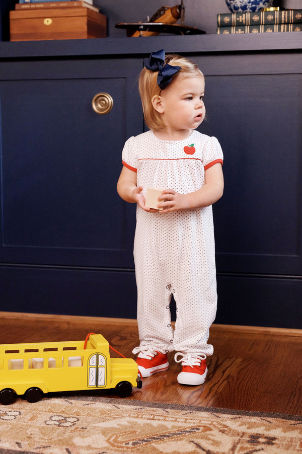 Penny's Playsuit - Nantucket Navy Microdot with Richmond Red and Apple Applique