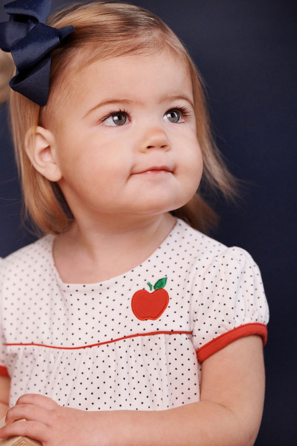 Penny's Playsuit - Nantucket Navy Microdot with Richmond Red and Apple Applique
