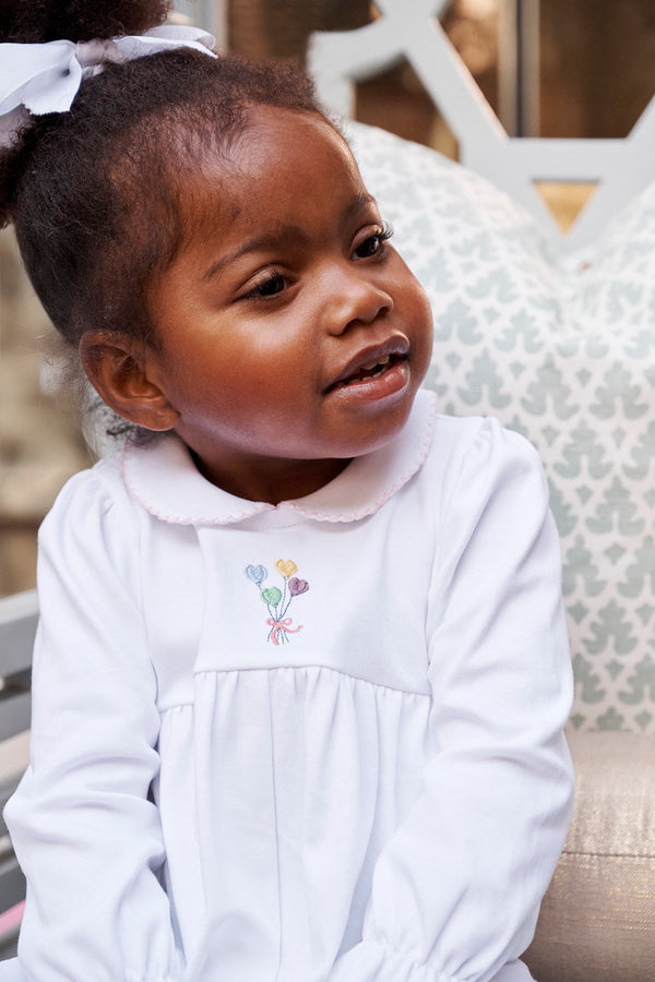 Long Sleeve Britt Romper - Worth Avenue White with Palm Beach Pink & Balloon Embroidery