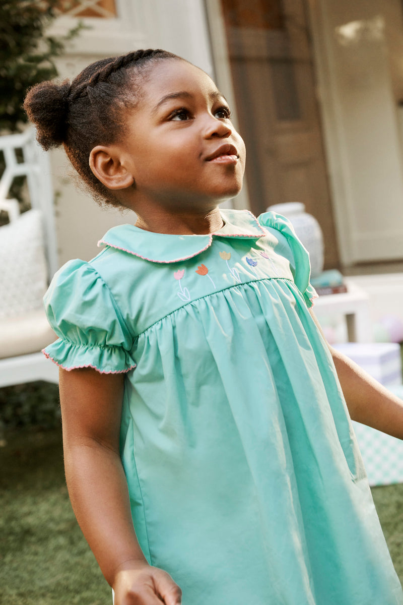 Holly Day Dress - Turks Teal with Flower Embroidery