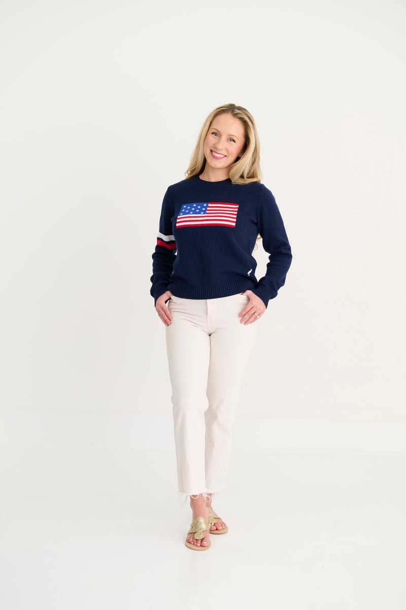 Women's Cissy Intarsia Sweater - Nantucket Navy, Worth Avenue White & Richmond Red Stripes with American Flag