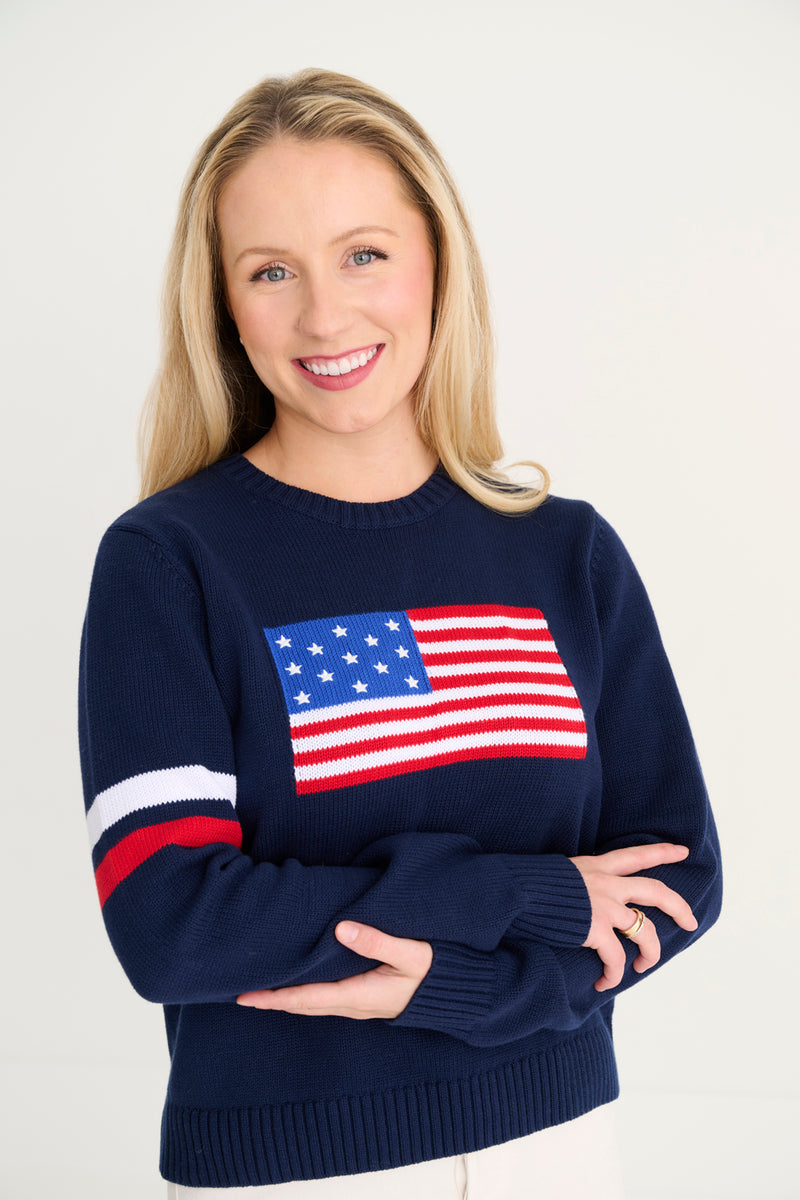 Women's Cissy Intarsia Sweater - Nantucket Navy, Worth Avenue White & Richmond Red Stripes with American Flag