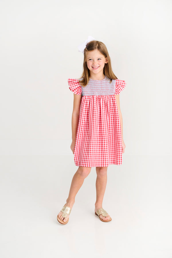 Angel Sleeve Daphne Bell Dress - Richmond Red Gingham with Belhaven Blue