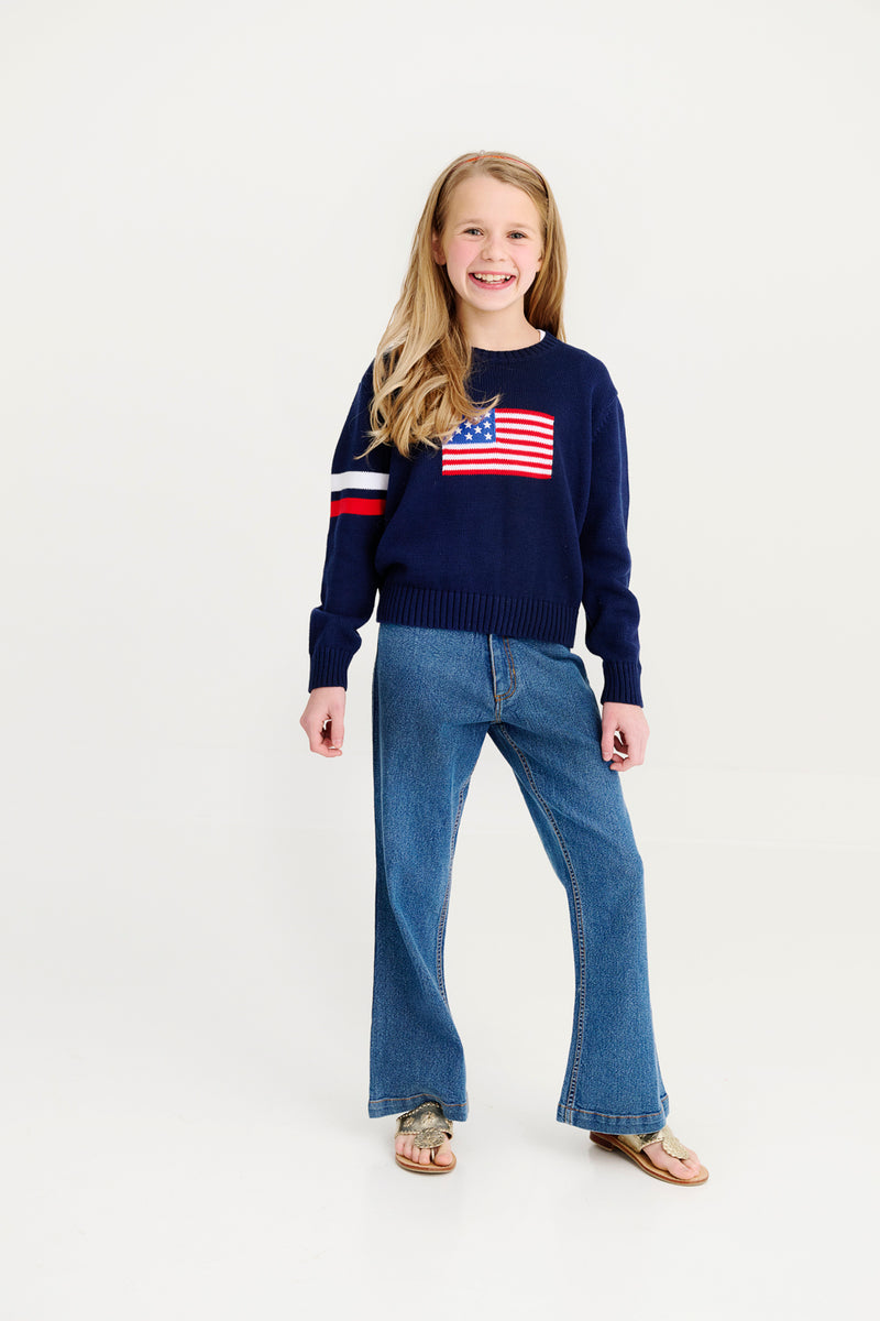 Seaton Intarsia Sweater - Nantucket Navy, Worth Avenue White & Richmond Red Stripes with American Flag