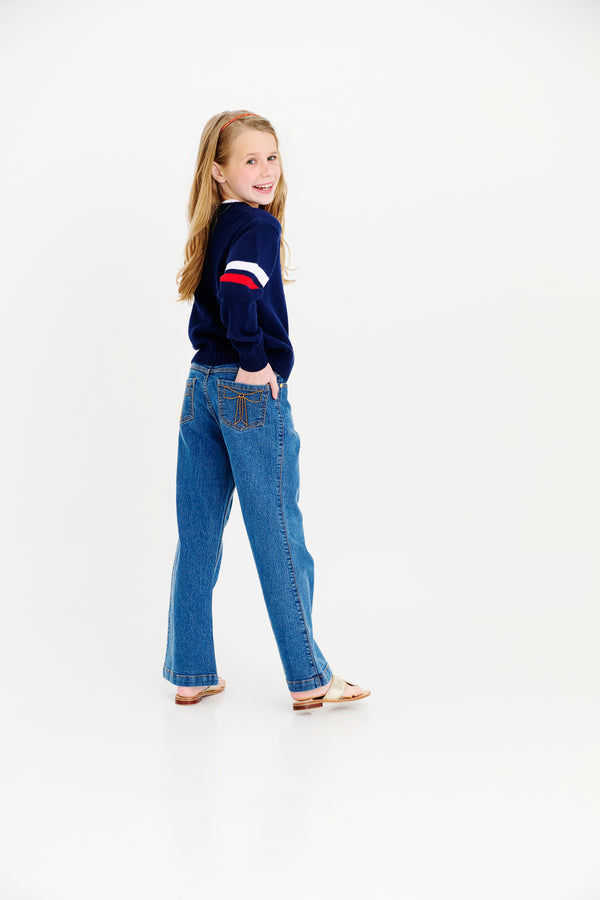 Seaton Intarsia Sweater - Nantucket Navy, Worth Avenue White & Richmond Red Stripes with American Flag