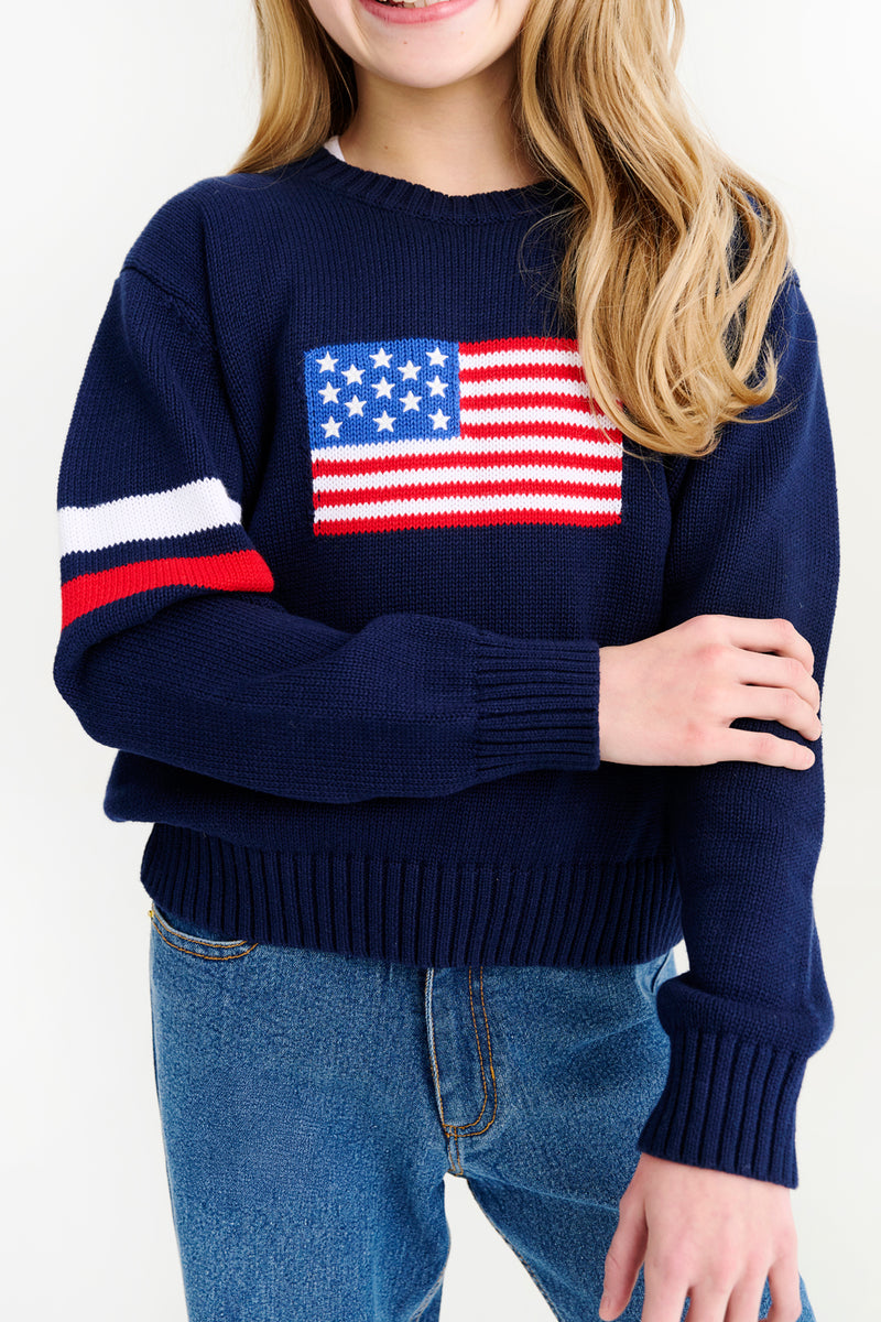 Seaton Intarsia Sweater - Nantucket Navy, Worth Avenue White & Richmond Red Stripes with American Flag