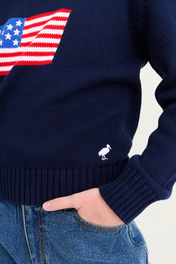 Seaton Intarsia Sweater - Nantucket Navy, Worth Avenue White & Richmond Red Stripes with American Flag