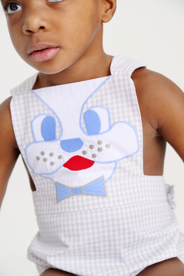 Sayre Sunsuit - Grantley Gray Mini Gingham with Dog Applique