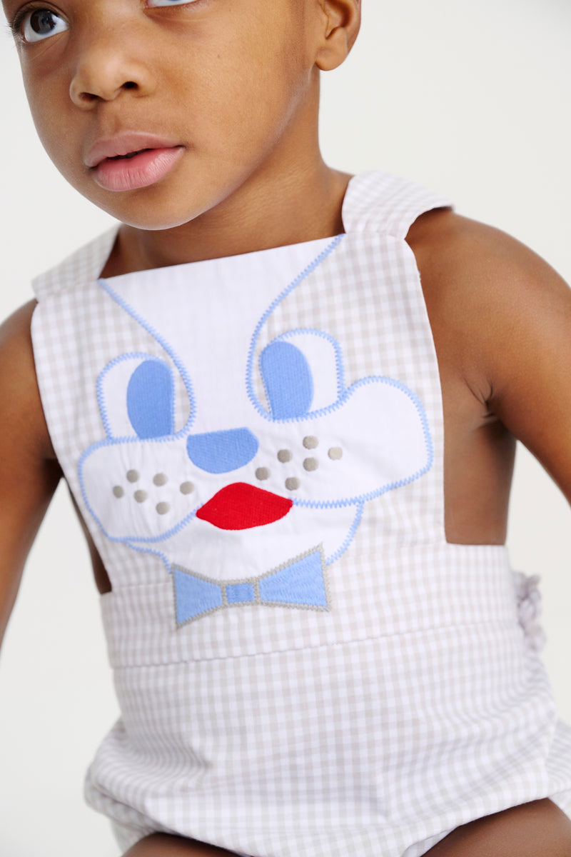 Sayre Sunsuit - Grantley Gray Mini Gingham with Dog Applique