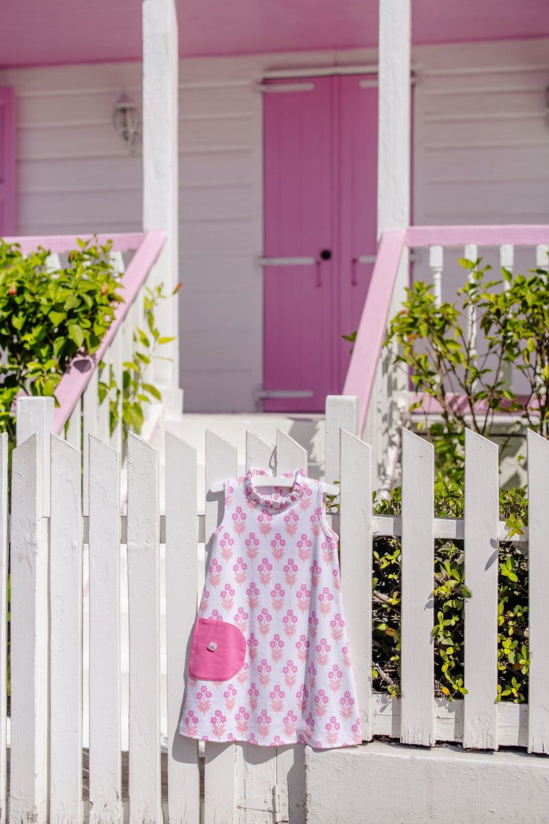 Lizzie's Luxe Leisure Dress - Bridgetown Harbour Hand Block with Winter Park Pink