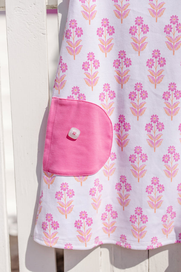 Lizzie's Luxe Leisure Dress - Bridgetown Harbour Hand Block with Winter Park Pink