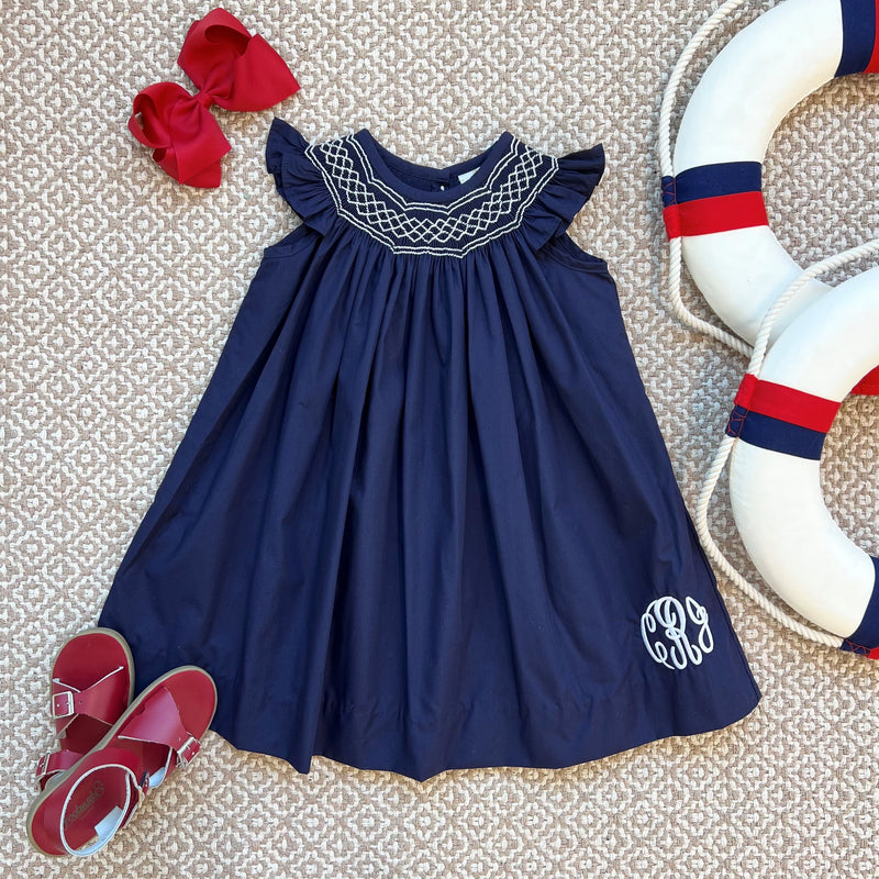 Angel Sleeve Sandy Smocked Dress - Nantucket Navy with Worth Avenue Wh Angel Sleeve Sandy Smocked Dress - Nantucket Navy with Worth Avenue Wh