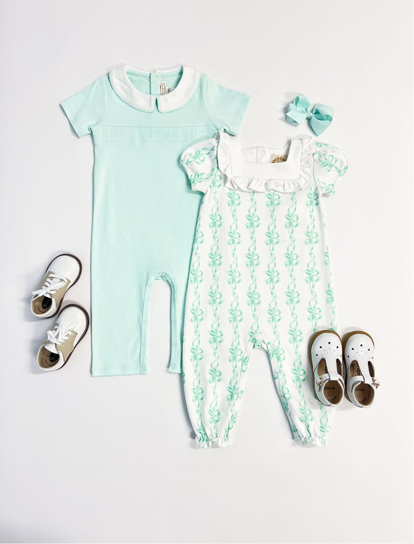 Short Sleeve Samuel Smocked Romper - Sea Island Seafoam with Worth Avenue White