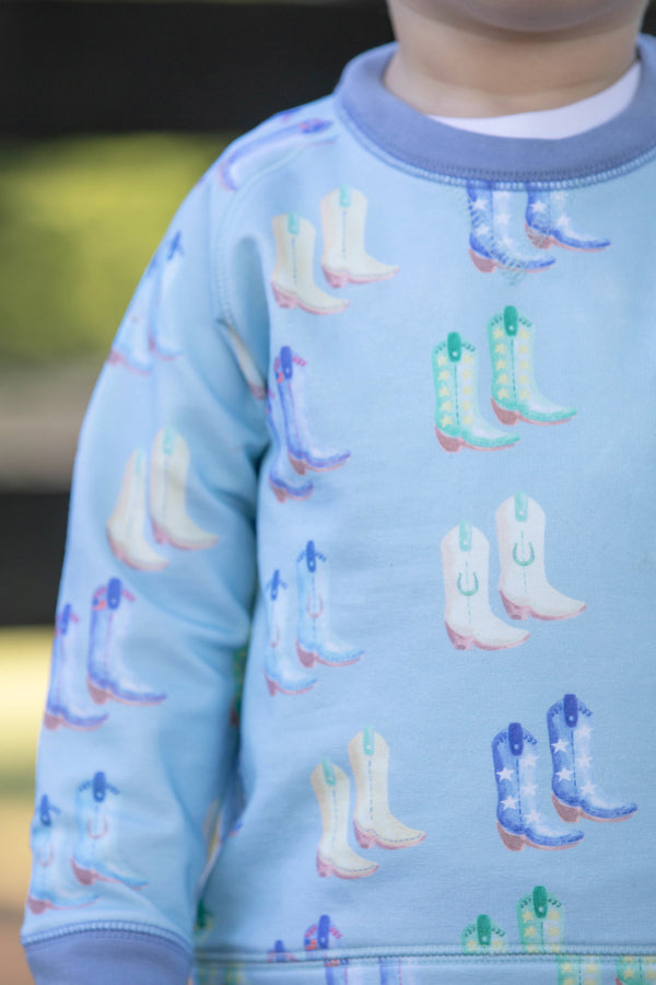Cassidy Comfy Crewneck - Cute to Boot (Buckhead Blue) with Park City Periwinkle