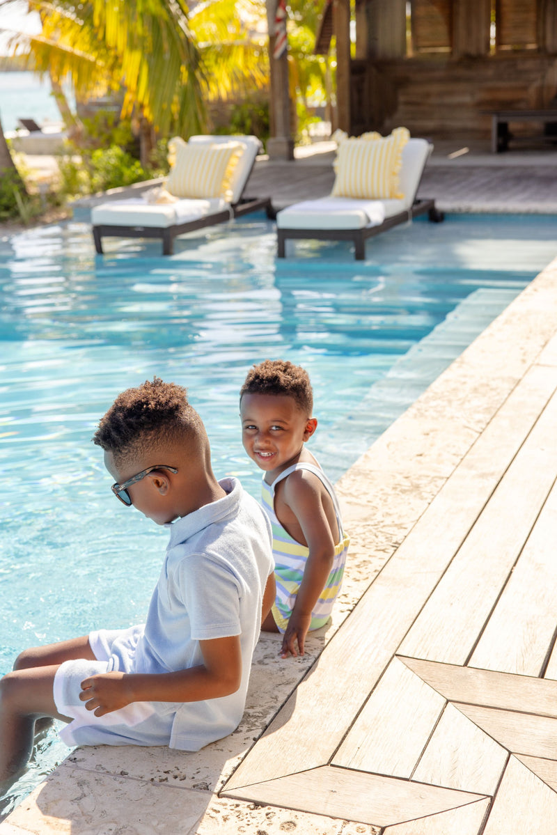 Stillman Sunsuit - Samford Stripe (Worth Avenue White) with Beale Street Blue