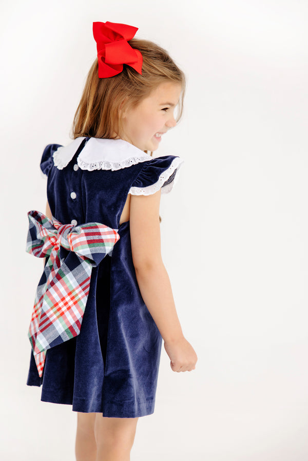 Franny Frock - Nantucket Navy Velveteen with Covington Cottage Plaid
