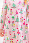 Long Sleeve Polly Play Dress - Christmas Coloring Contest in light pink Pima cotton featuring a repeating pattern of snow globes labeled JOY and evergreen trees.