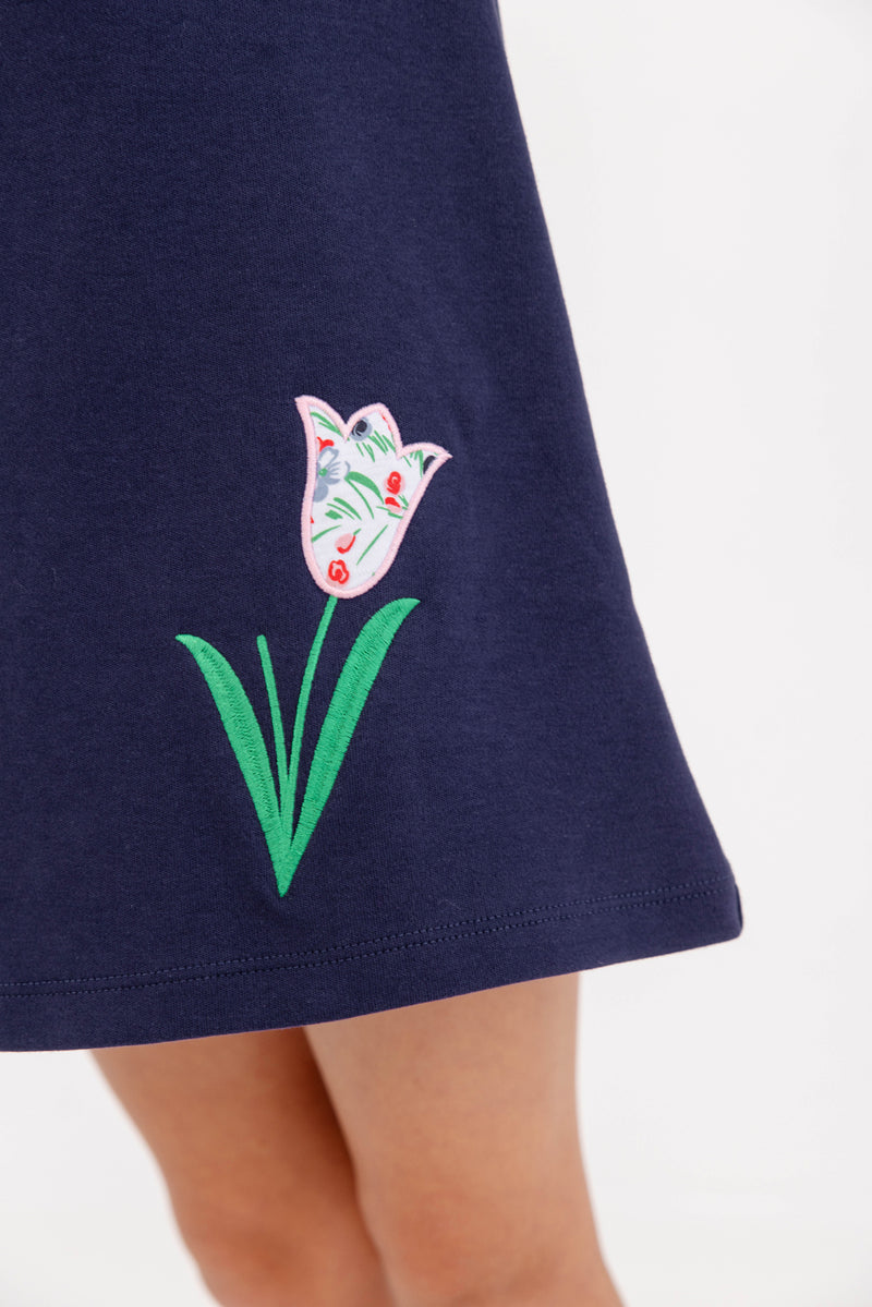Tatum's Turtleneck Dress - Nantucket Navy with Fair Street Floral Tulip Applique