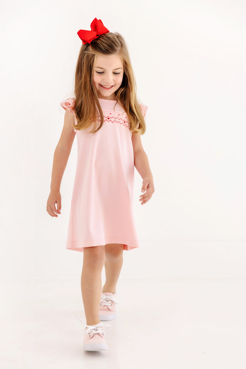 Smocked Angel Sleeve Biltmore Dress - Sandpearl Pink with Rosebuds