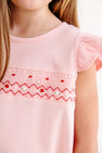 Smocked Angel Sleeve Biltmore Dress - Sandpearl Pink with Rosebuds