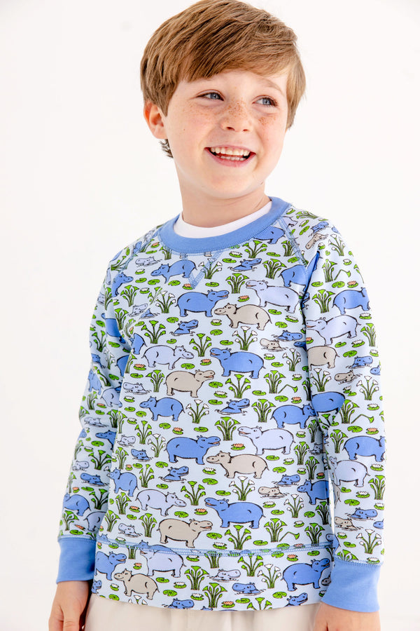 Cassidy Comfy Crewneck - Bal Harbour Hippo (Beale Street Blue) with Sunrise Blvd Blue