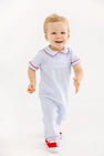 Benny Button Romper - Beale Street Blue Stripe with Richmond Red