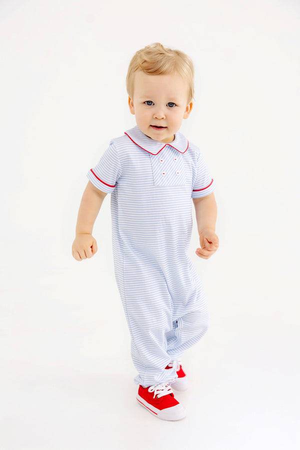 Benny Button Romper - Beale Street Blue Stripe with Richmond Red