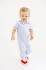 Benny Button Romper - Beale Street Blue Stripe with Richmond Red