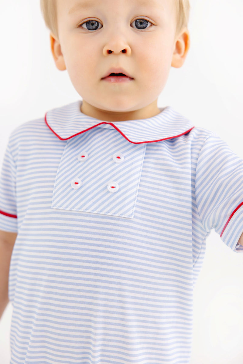 Benny Button Romper - Beale Street Blue Stripe with Richmond Red