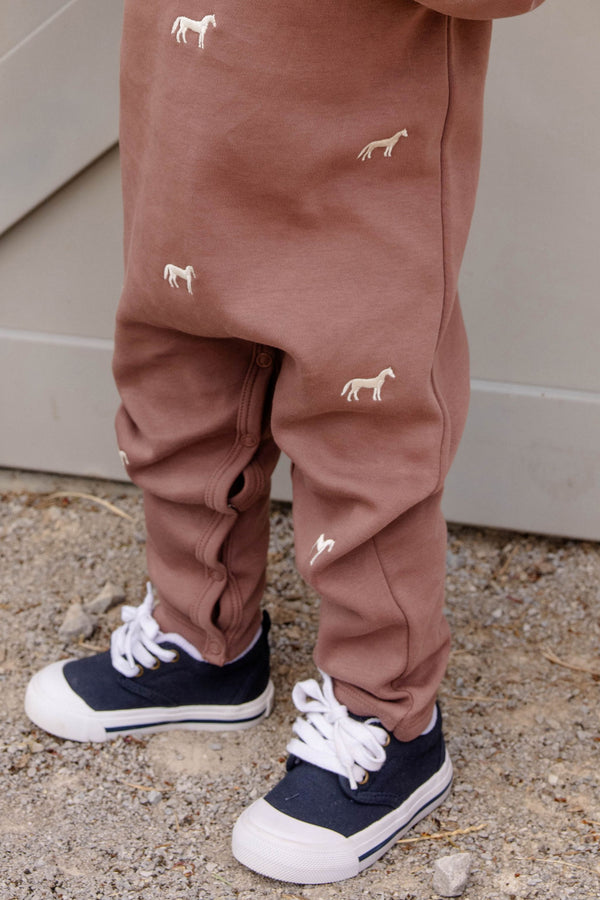 Rayburn Romper - Gray Bay Brown with Horse Embroidery
