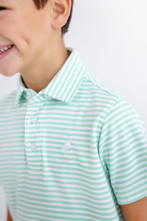 Prim & Proper Polo & Onesie - Grace Bay Green Stripe with Multicolor Stork