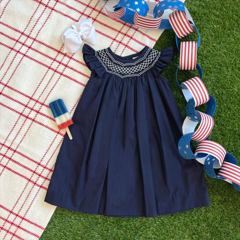 Angel Sleeve Sandy Smocked Dress - Nantucket Navy with Worth Avenue Wh Angel Sleeve Sandy Smocked Dress - Nantucket Navy with Worth Avenue Wh