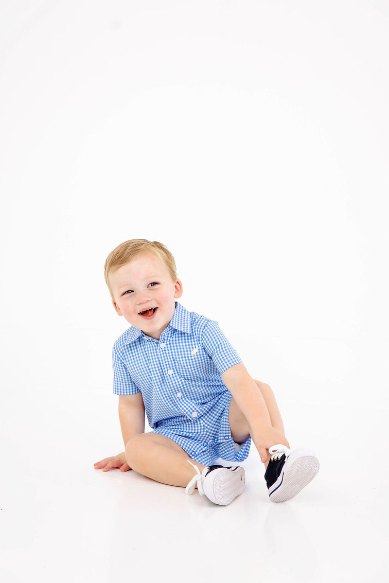 Sir Proper's Romper - Sunrise Blvd. Blue Mini Gingham with Worth Avenue White