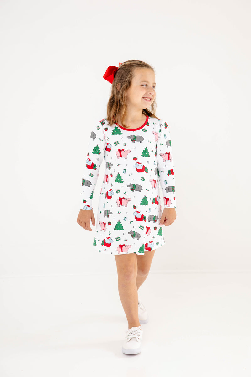Long Sleeve Penny's Play Dress - I Want a Hippopotamus with Richmond Red