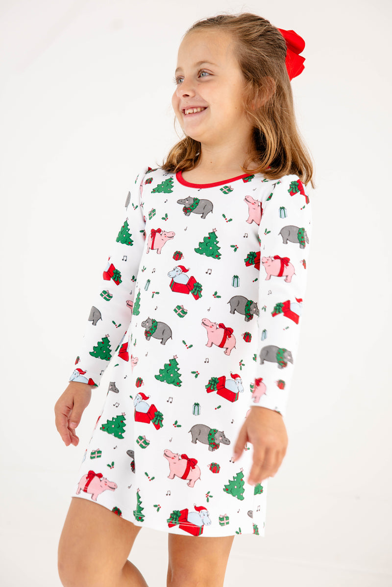 Long Sleeve Penny's Play Dress - I Want a Hippopotamus with Richmond Red