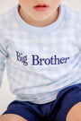 Child wearing a Cassidy Comfy Crewneck - Buckhead Blue Gingham with Nantucket Navy Big Brother, a light blue and white gingham sweatshirt with navy blue embroidery perfect for a sibling reveal.