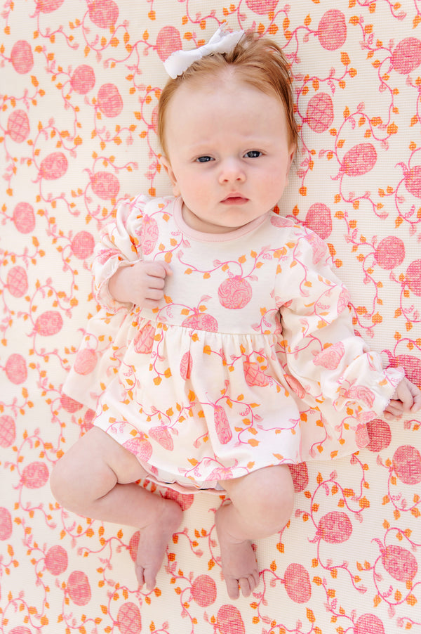 Long Sleeve Daisy's Diaper Cover Dress - Gourd-geous (Palmetto Pearl) with Palm Beach Pink