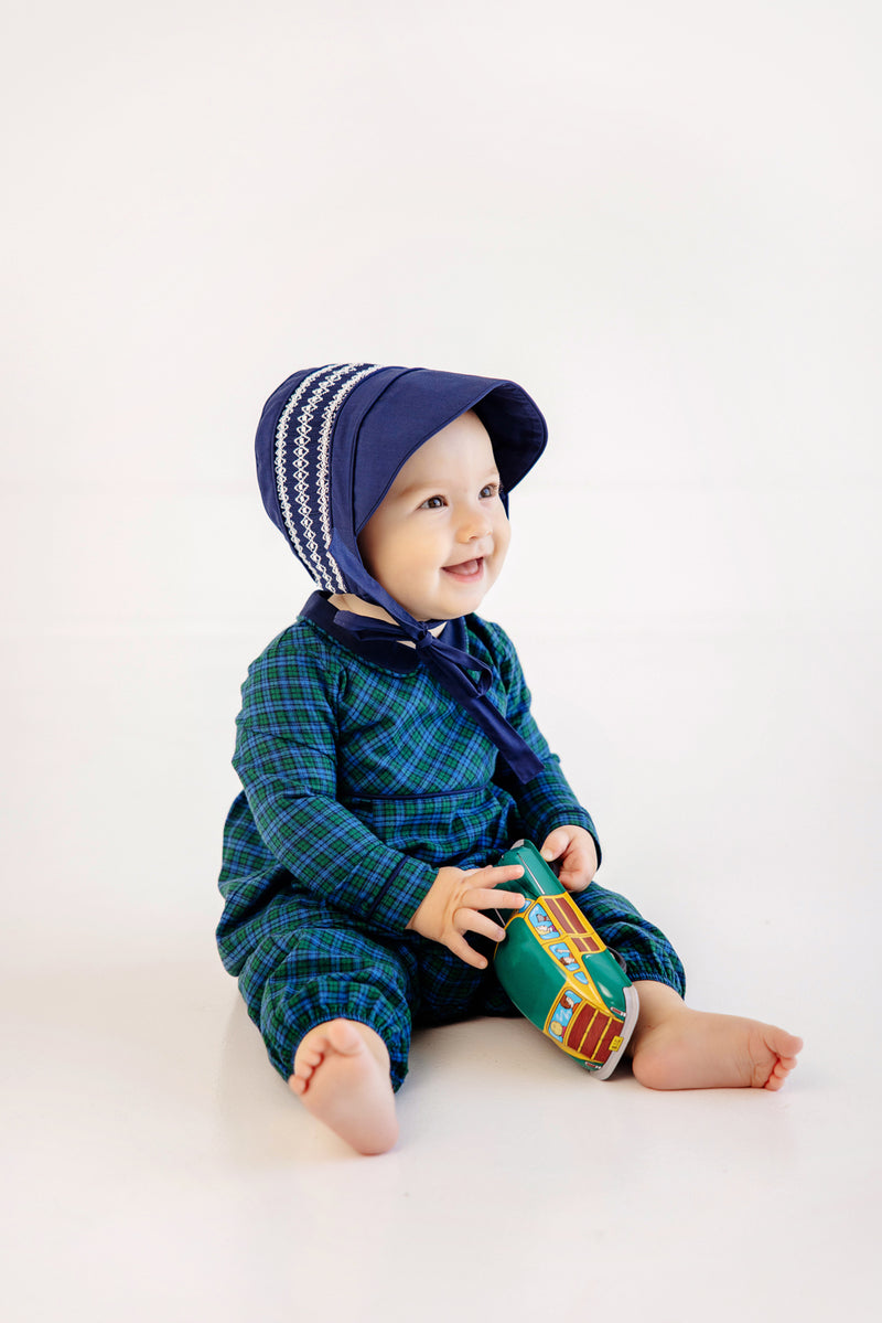 Long Sleeve Bradford Romper - Woodlake Point Plaid with Nantucket Navy