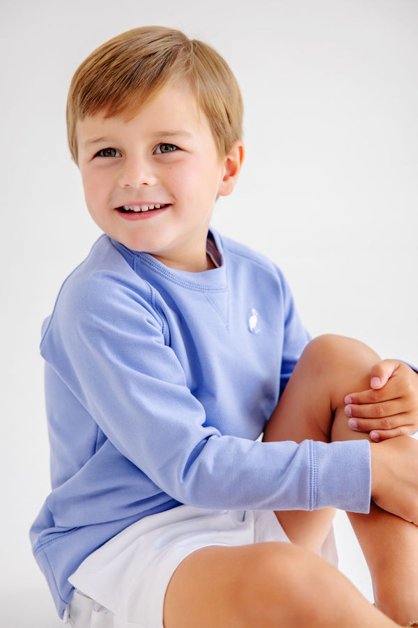 Cassidy Comfy Crewneck - Park City Periwinkle with Worth Avenue White Stork