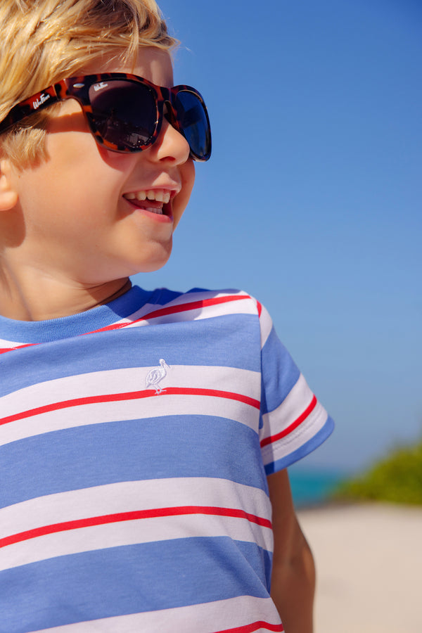 Carter Crewneck - Barbados Blue, Richmond Red, & Worth Avenue White Stripe with Worth Avenue White Stork