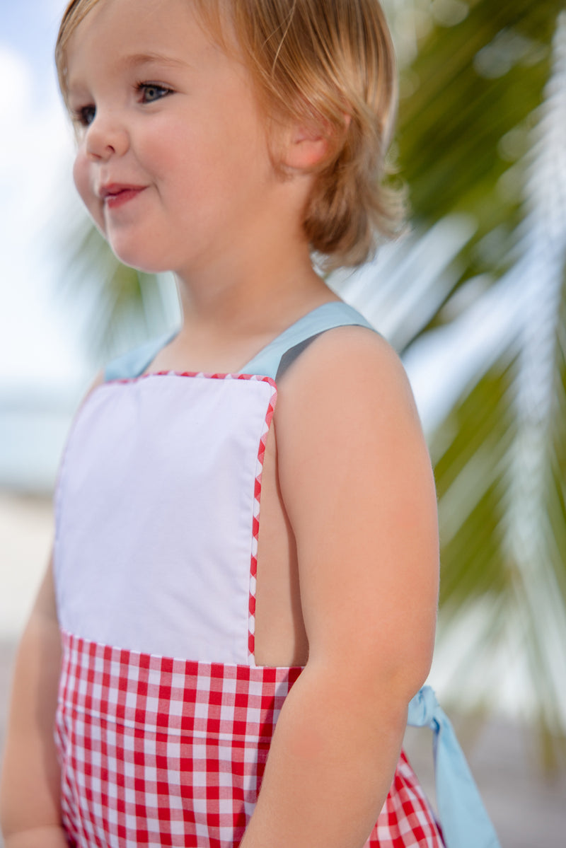 Sayre Sunsuit - Richmond Red Gingham with Belhaven Blue and Worth Avenue White